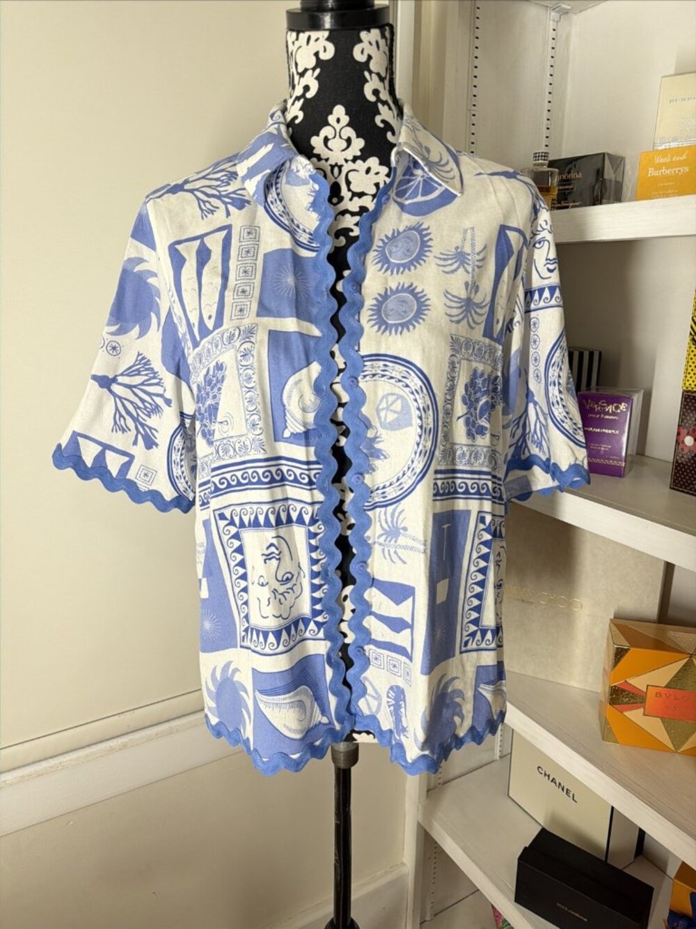 Calypso St. Barth Womens Medium Blue Linen Blend Resort Print Button Top